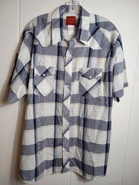 VTG Rustler XLong Tails 3XL Blue White Pearl Snap Short Sleeve Western Shirt Men